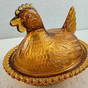 Vintage Indiana Glass Company Hen on Nest HON Golden Amber Stippled Base Beaded